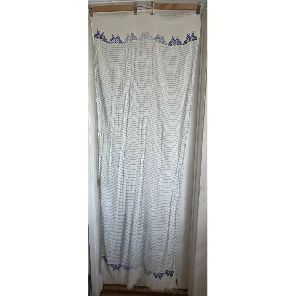 Talbots Striped Scarf White Blue Rectangle Wrap Shawl Stole Butterfly